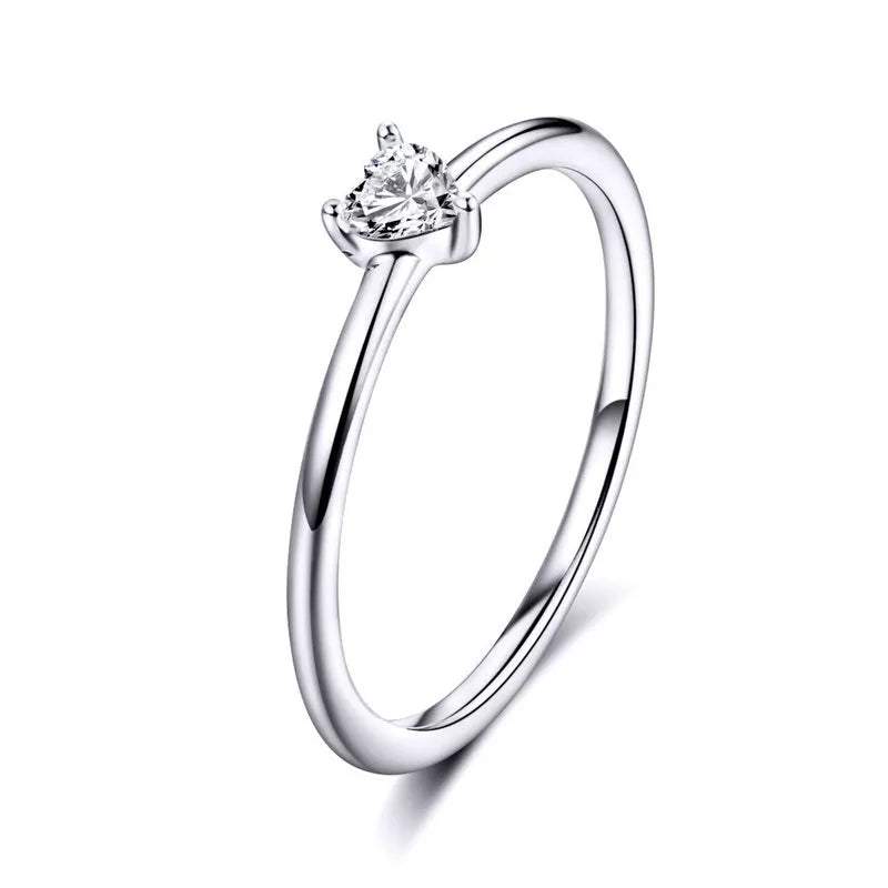 BAMOER 925 Sterling Silver Heart Clear CZ Simple Finger Rings for Women Engagement Wedding Statement Jewelry SCR498