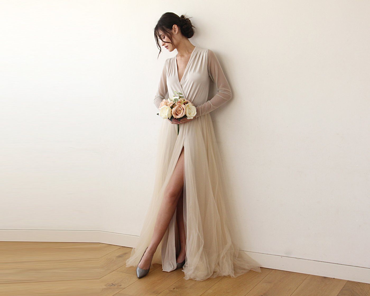 Champagne Wrap Tulle Gown With Long Chiffon Sleeves and Slit 1174