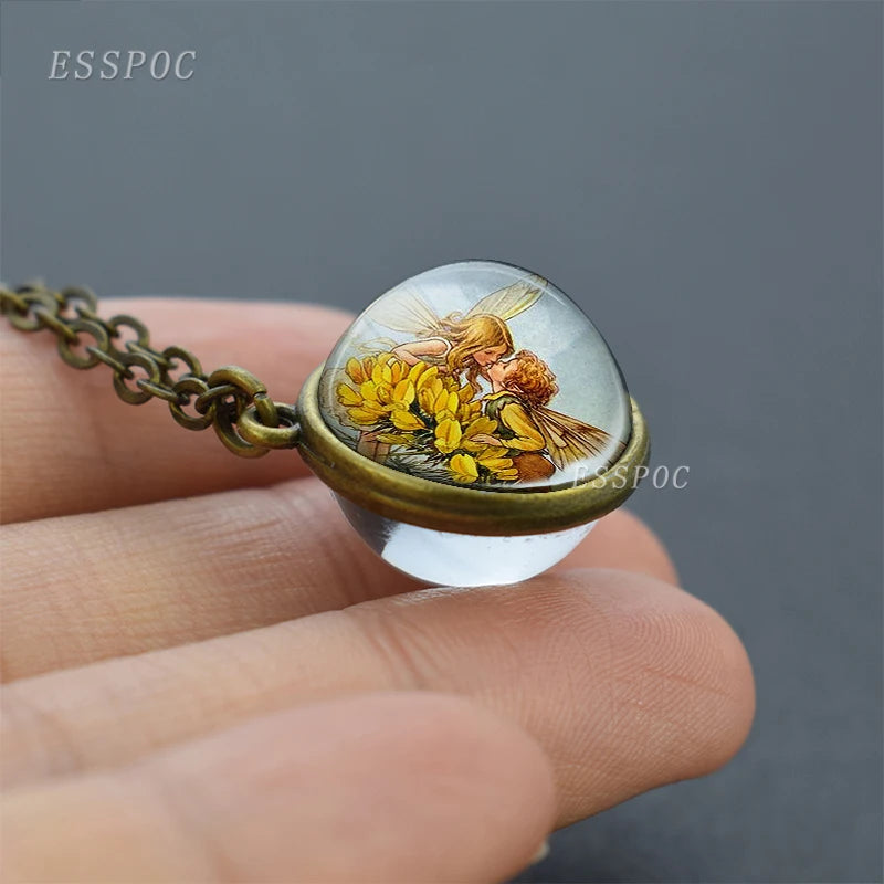 Vintage Double Sided Glass Ball Necklace Hadas Goticas Angel on Moon Art Photo Fairy Tale Pendant Women Jewelry