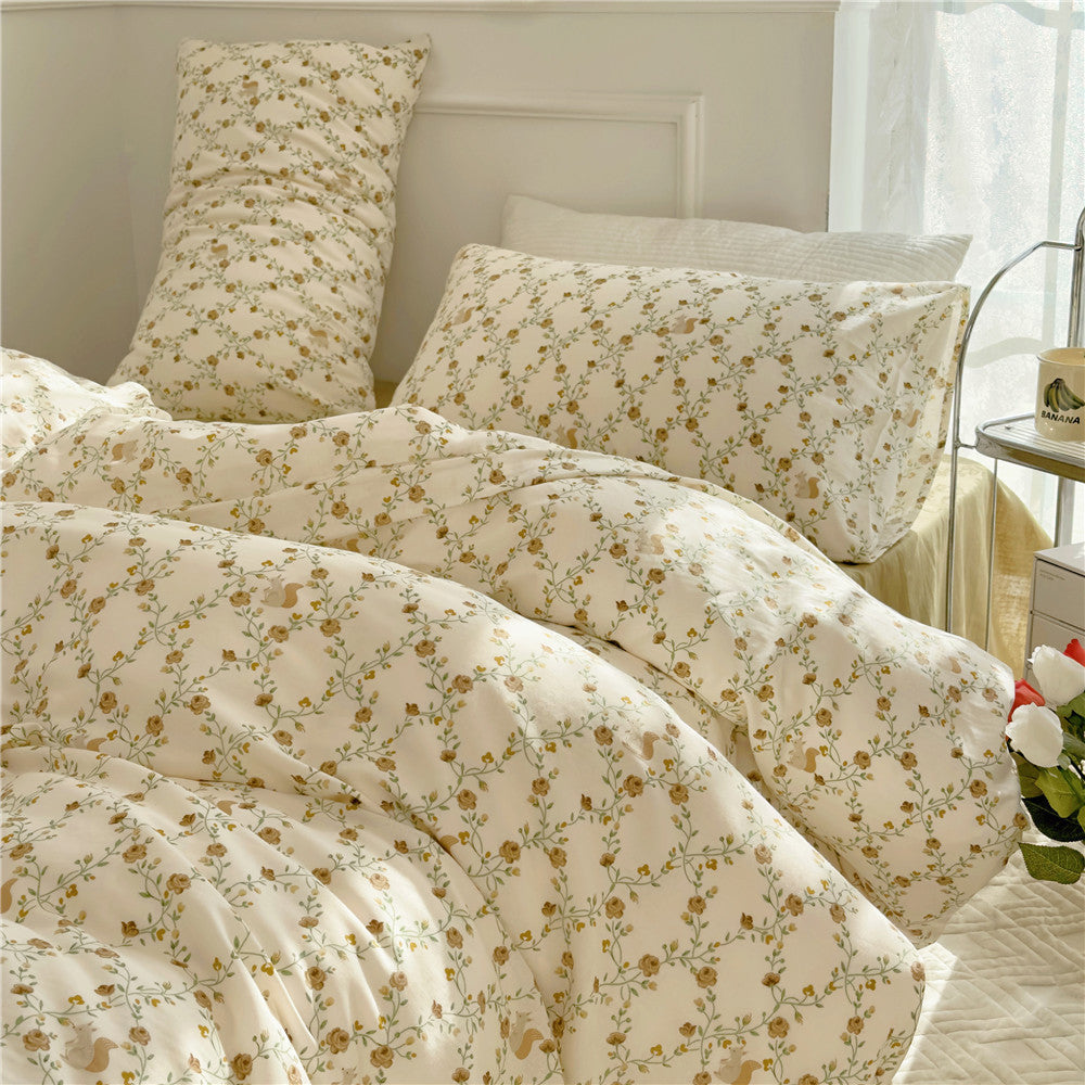Double Layer Cotton Bedding Set Infant Class Softness Floral Design Duvet Cover Bed Sheet Pillowcases 4 Pieces Bedding Set