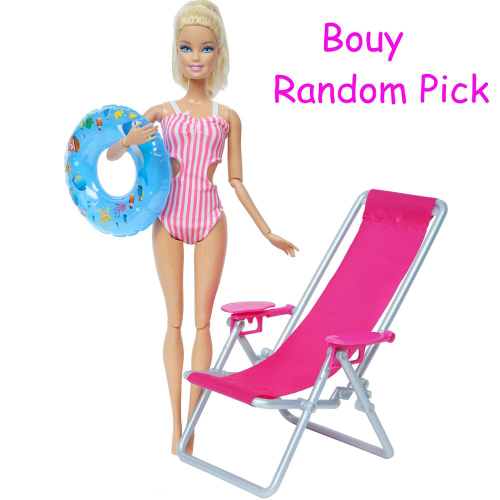 3 Pcs/Lot = 1x Swimsuit Bikini + 1x Random Swimming Buoy Lifebelt Ring +1x Pink Foldable Beach Chair Accessories for Barbie Doll