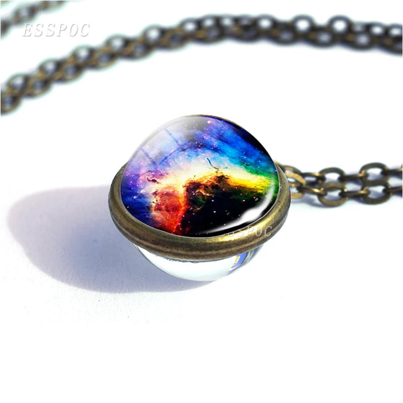 Full Moon Sphere Crystal Ball Glass Necklace Handmade Double Side Glass Ball Pendant Solar System Outer Space Astronomy Jewelry
