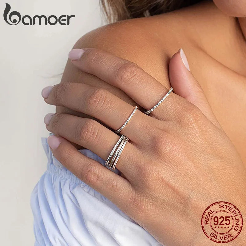 BAMOER Classic 925 Sterling Silver High Quality Circle Clear CZ Geometric Stackable Rings for Women Wedding Jewelry