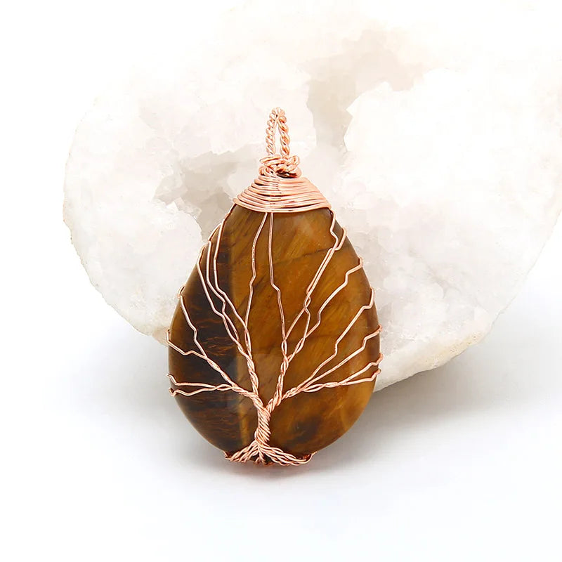 Natural Purple Quartz Opal Stone Pendants Handmade Rose Gold Color Tree of Life Wrapped Drop Shaped Crystal Pendant Necklace