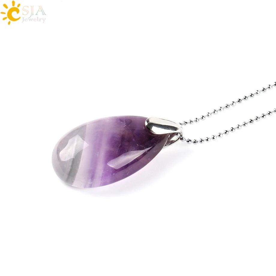 CSJA Natural Gem Stone Pendant Water Drop Necklaces Pendants Tiger Eye Lapis Lazuli Clear Crystal Opal Healing Jewellery E526