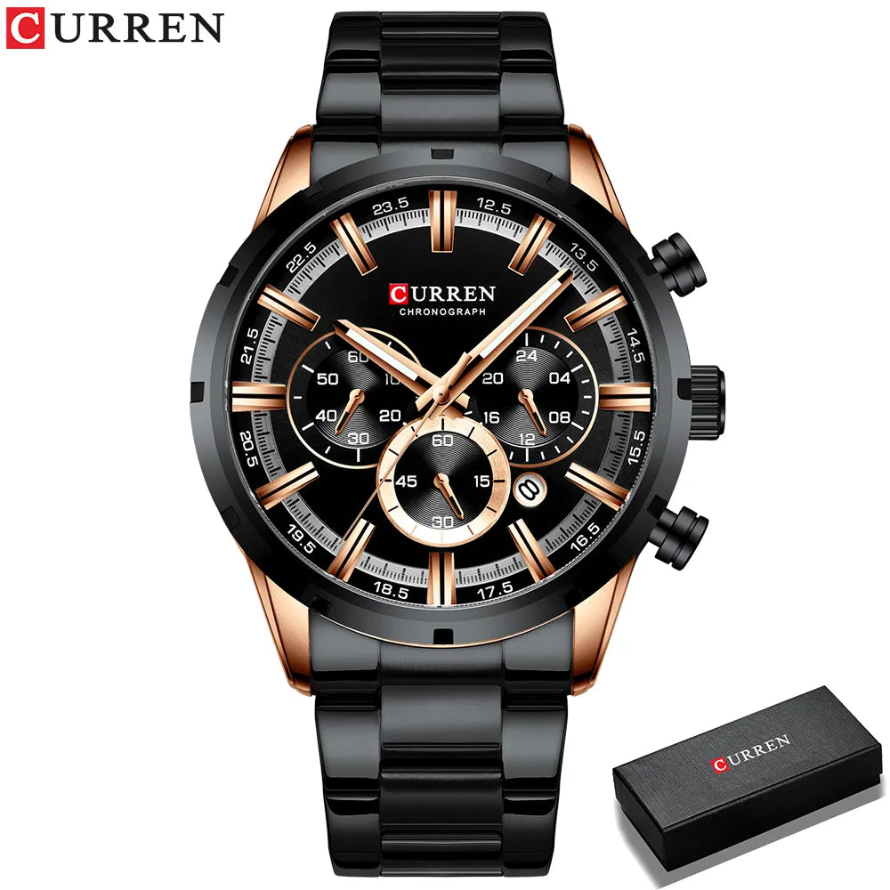 CURREN Top Brand Military Quartz Watches Silver Blue Mens Stainless Steel Chronograph Wristwatch for Male Casual Sporty Clocks