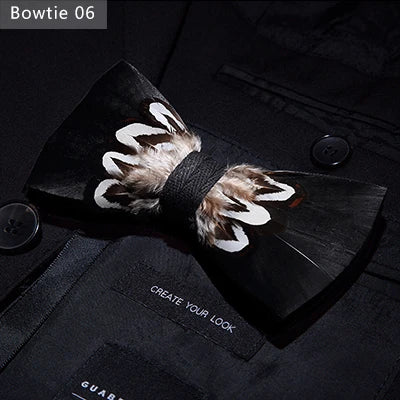JEMYGINS Bowtie Natural Brid Feather Exquisite Hand Made Men Bow Tie Brooch Pin