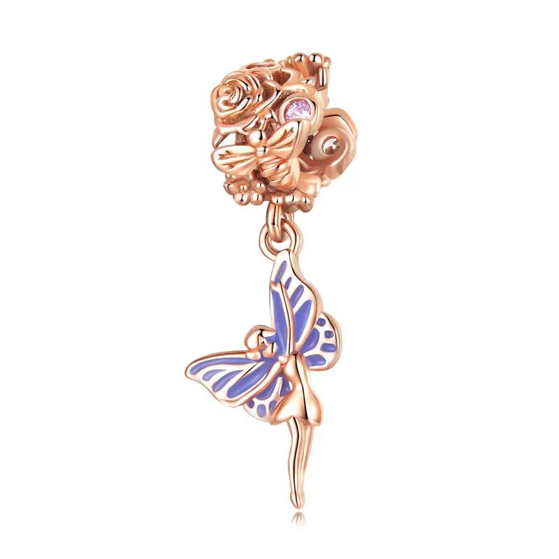 Bamoer 3D Rose Flower Pendant Charm 925 Sterling Silver Rose Gold Color Charms for Bracelet or Necklace DIY Sunflower Charms