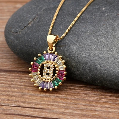 Gold Color Initial Multicolor CZ Necklace Charm Letter Necklace Name Jewelry for Women Accessories Girlfriend