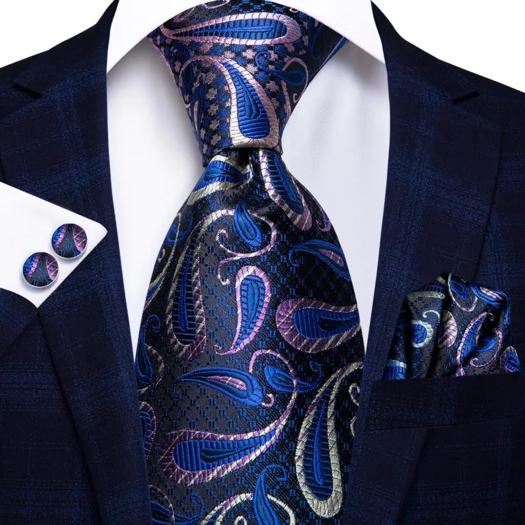 Business Tie for Men Silk Blue Tie Dots Necktie Set Plaid Cufflinks for Wedding Business Tie 150cm Hi-Tie SN-3529