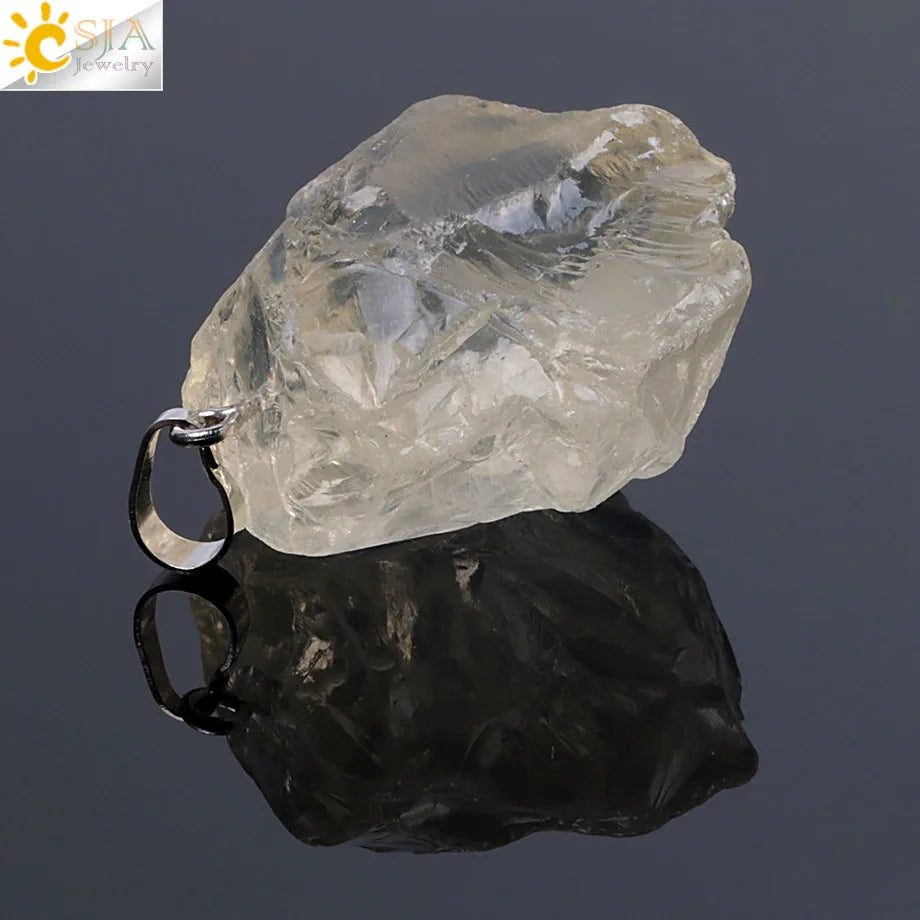 CSJA Natural Stones Gems Clear Crystal Pendants Necklaces Reiki Healing Irregular White Yellow Purple Pink Quartz Pendulum F070