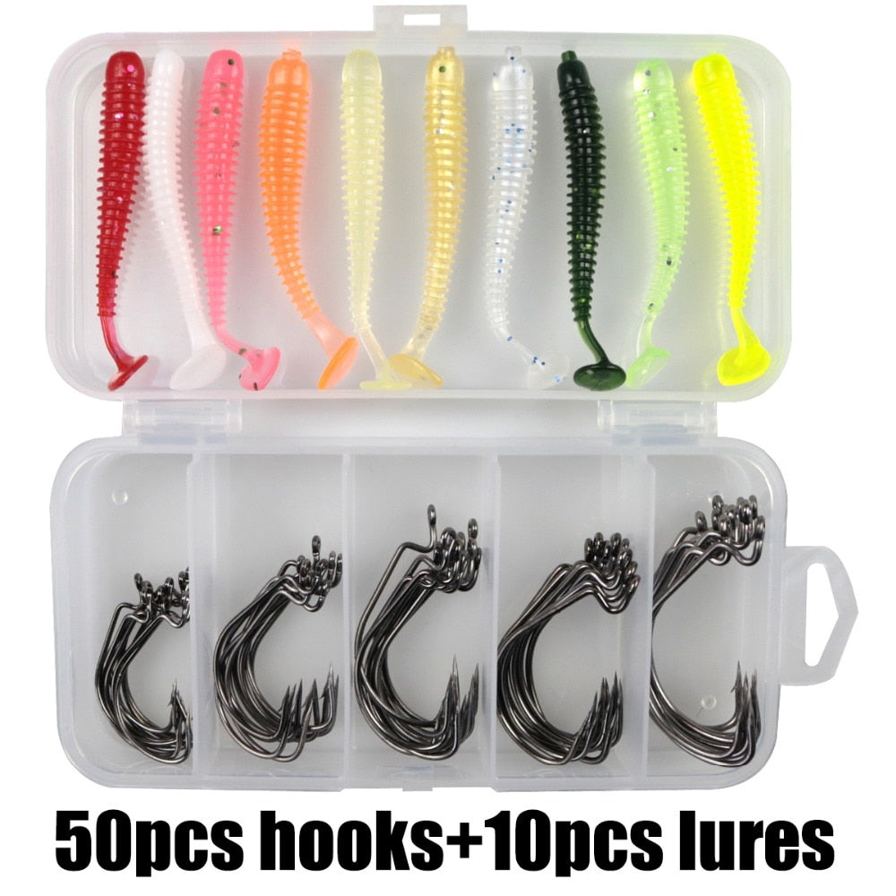 60pcs/Lot Sea Fishing Hook With Soft Lures 2#1#1/0#2/0#3/0# Carp Snap Fishing Big Hooks Tackles Accessories Fish Hook With Box