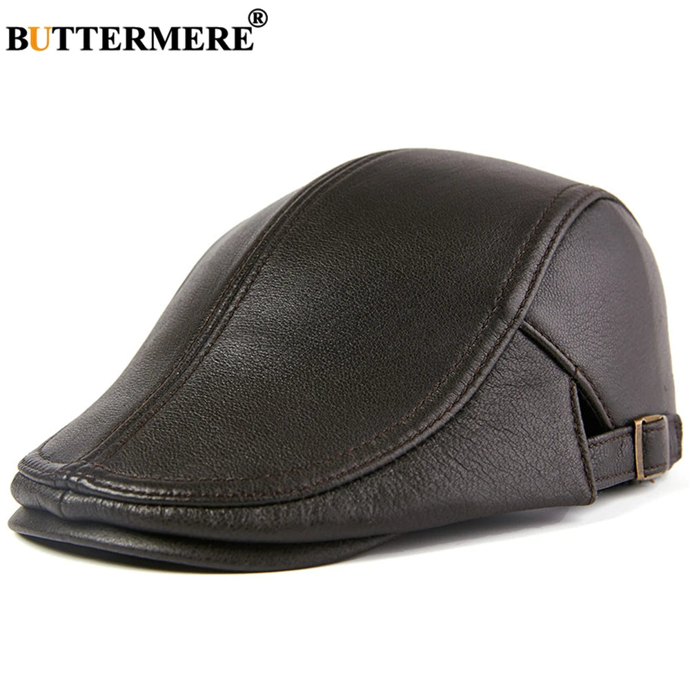 BUTTERMERE Men Beret Hat Real Leather Flat Cap Sheepskin Autumn Winter Male Brown Adjustable High Quality Gatsby Mens Beret Caps