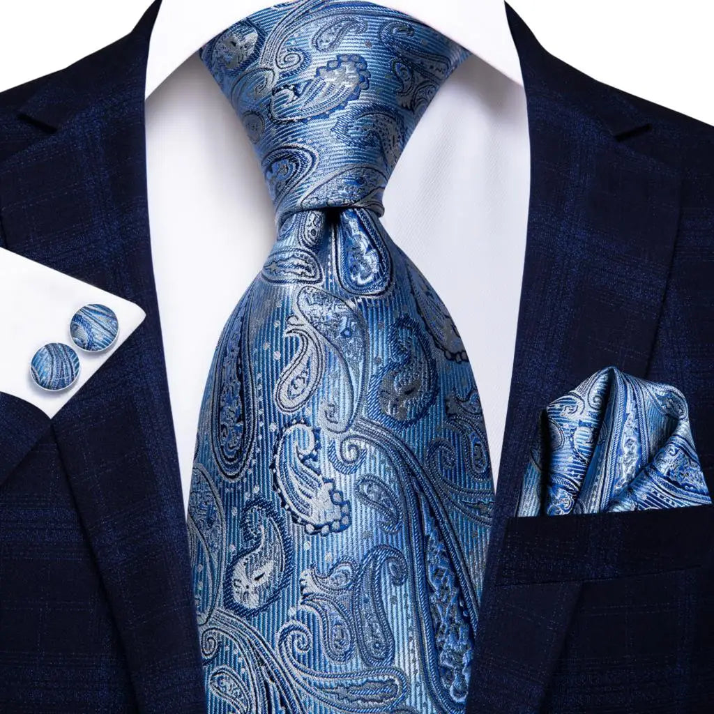 Business Tie for Men Silk Blue Tie Dots Necktie Set Plaid Cufflinks for Wedding Business Tie 150cm Hi-Tie SN-3529