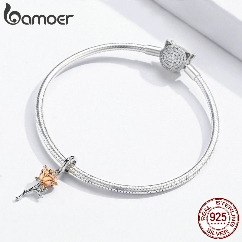 Bamoer 3D Rose Flower Pendant Charm 925 Sterling Silver Rose Gold Color Charms for Bracelet or Necklace DIY Sunflower Charms