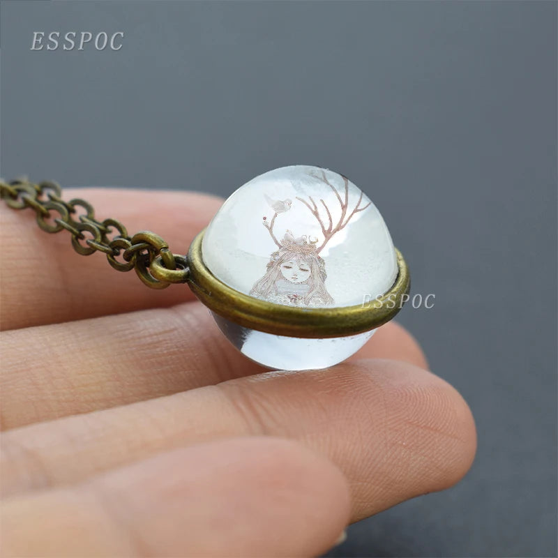 Vintage Double Sided Glass Ball Necklace Hadas Goticas Angel on Moon Art Photo Fairy Tale Pendant Women Jewelry