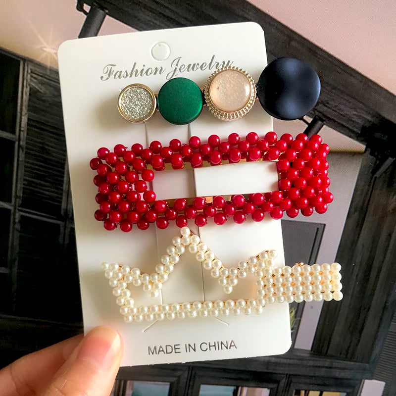 Korean Simulated Pearl Barrettes Beaded Geometric Women Hair Clip Hairgrips Hair Accessories Girls Jewelry Hair Pins