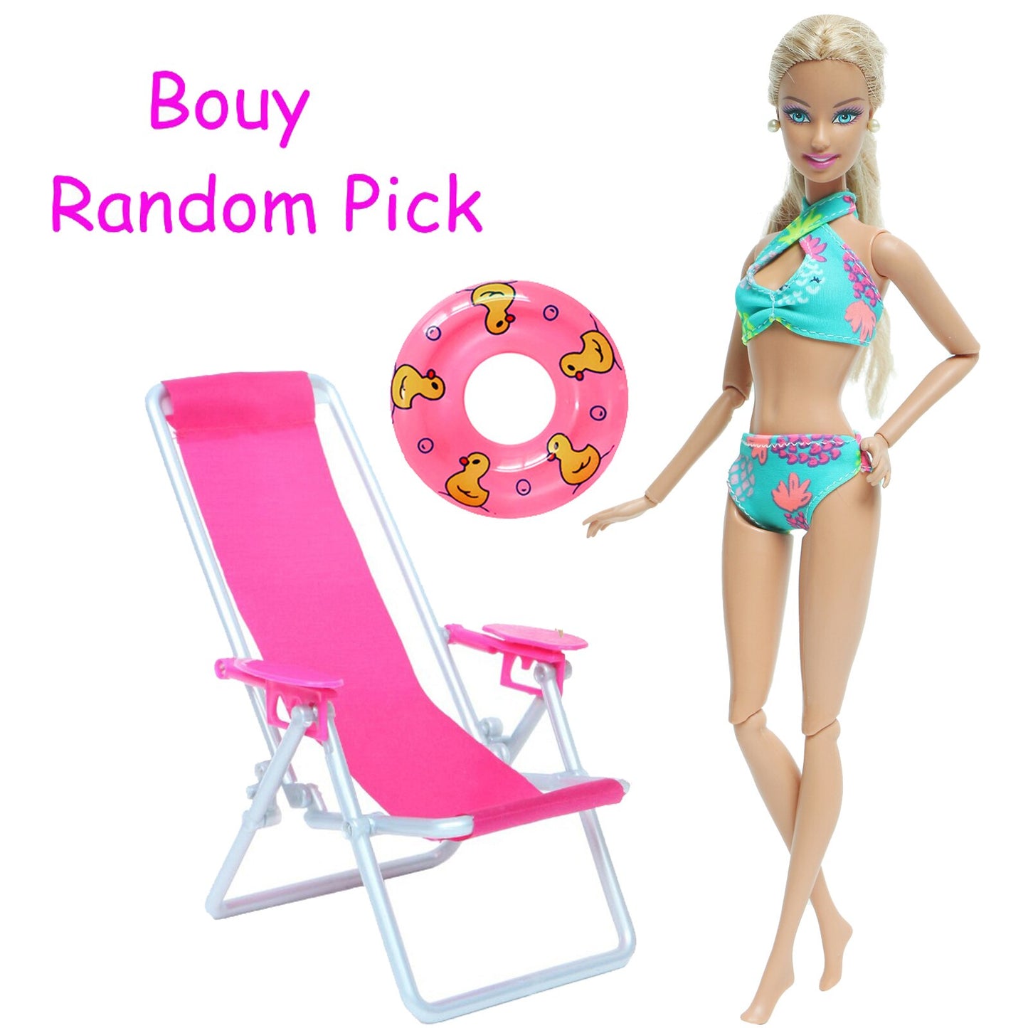 3 Pcs/Lot = 1x Swimsuit Bikini + 1x Random Swimming Buoy Lifebelt Ring +1x Pink Foldable Beach Chair Accessories for Barbie Doll