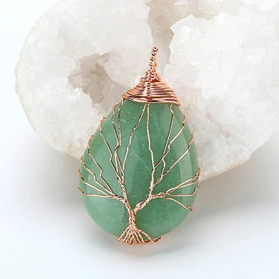 Natural Purple Quartz Opal Stone Pendants Handmade Rose Gold Color Tree of Life Wrapped Drop Shaped Crystal Pendant Necklace