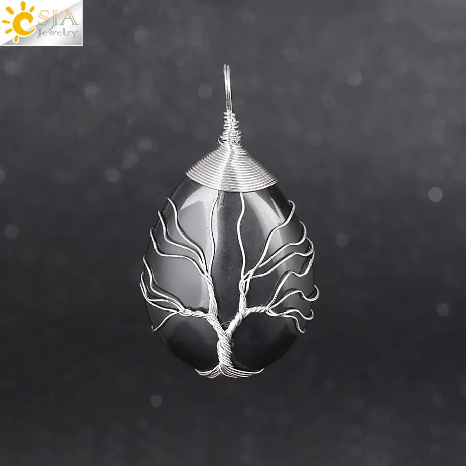 CSJA Natural Stone Pink Quartz Necklace & Pendant Silver-Color Tree of Life Wire Wrapped Water Drop Shape for Women Jewelry F122
