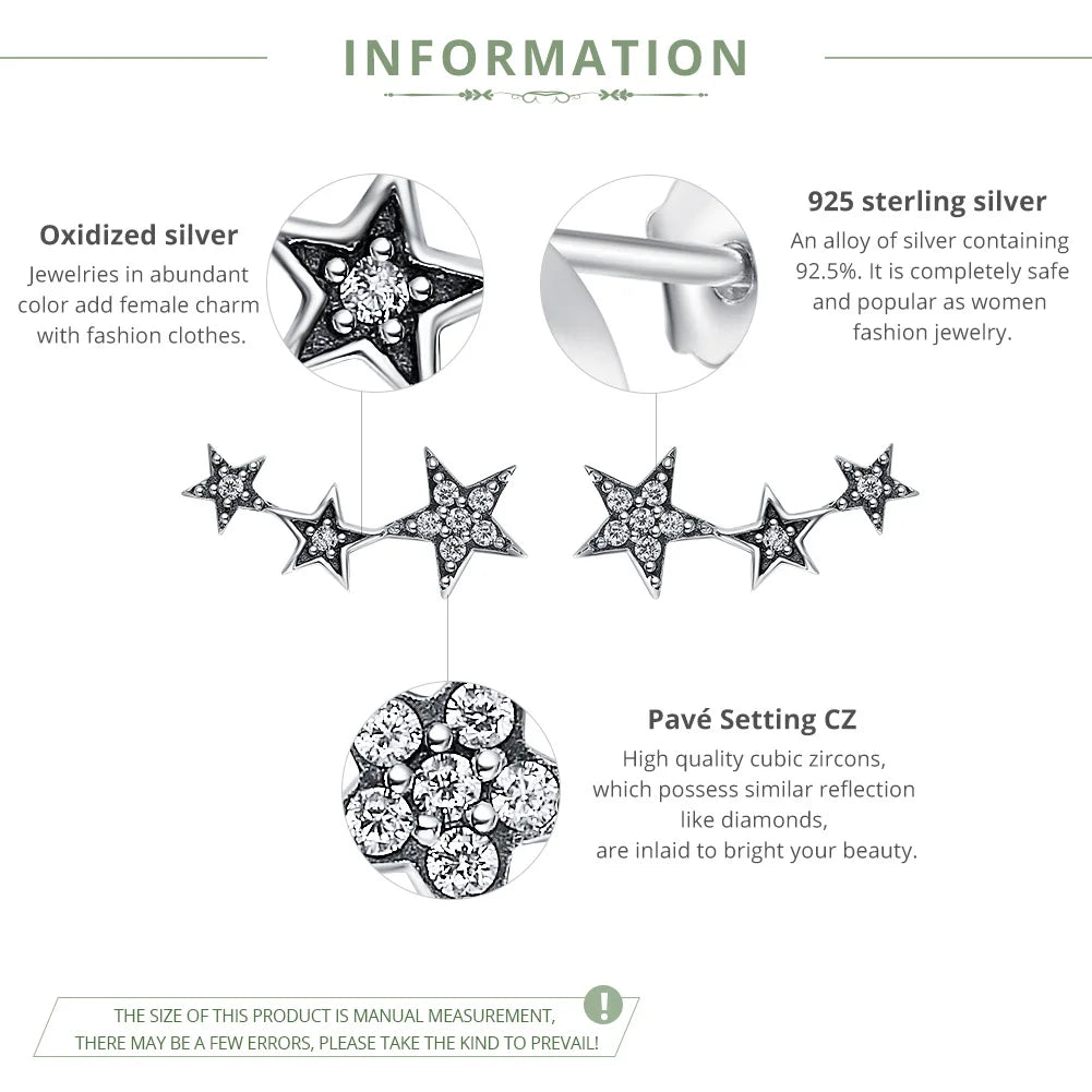 BAMOER Authentic 925 Sterling Silver CZ Exquisite Stackable Star Earrings for Women Jewelry Valentine's Day