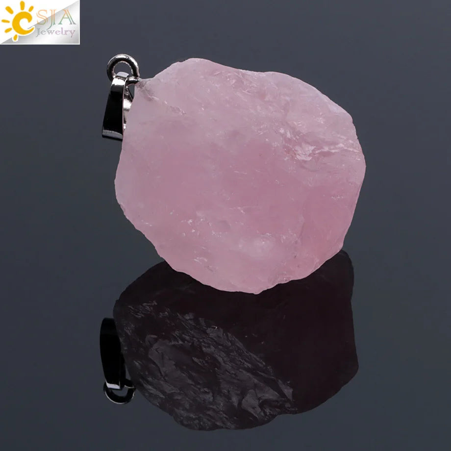 CSJA Natural Stones Gems Clear Crystal Pendants Necklaces Reiki Healing Irregular White Yellow Purple Pink Quartz Pendulum F070