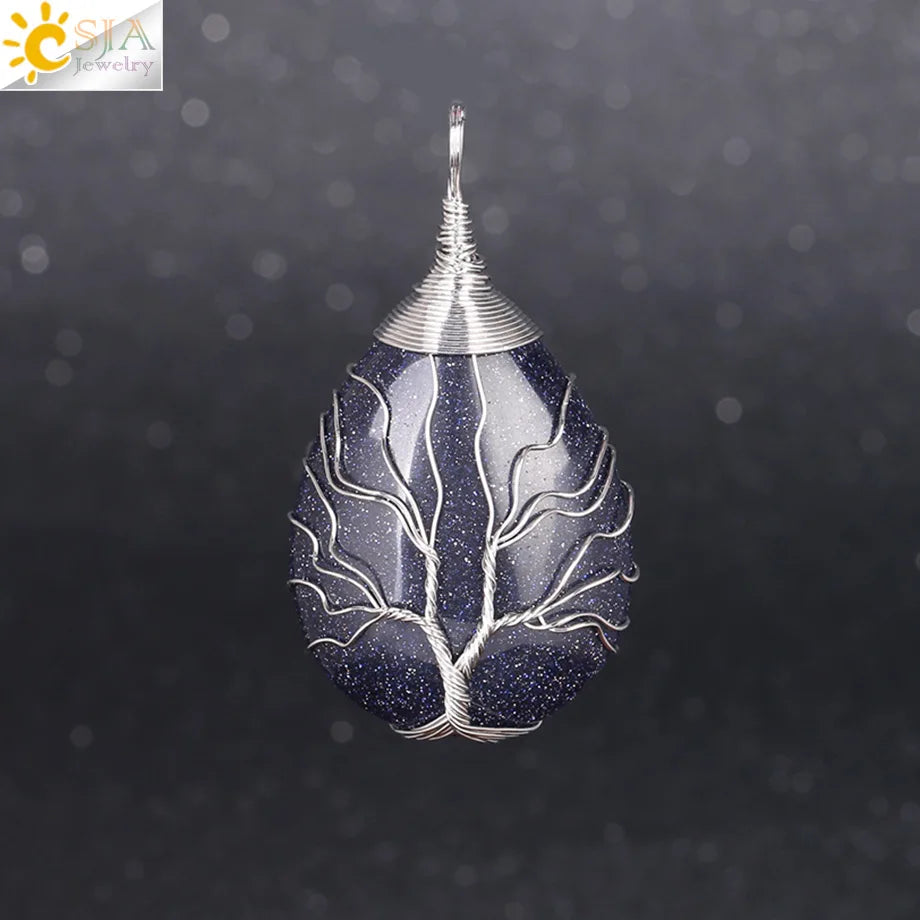 CSJA Natural Stone Pink Quartz Necklace & Pendant Silver-Color Tree of Life Wire Wrapped Water Drop Shape for Women Jewelry F122