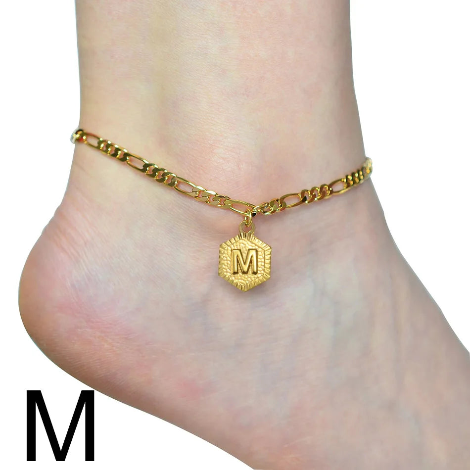 Anniyo 21cm + 10cm Extender Chain / A-Z Initial Letter Anklet for Women Alphabet Jewelry Foot Chain Girl #105906