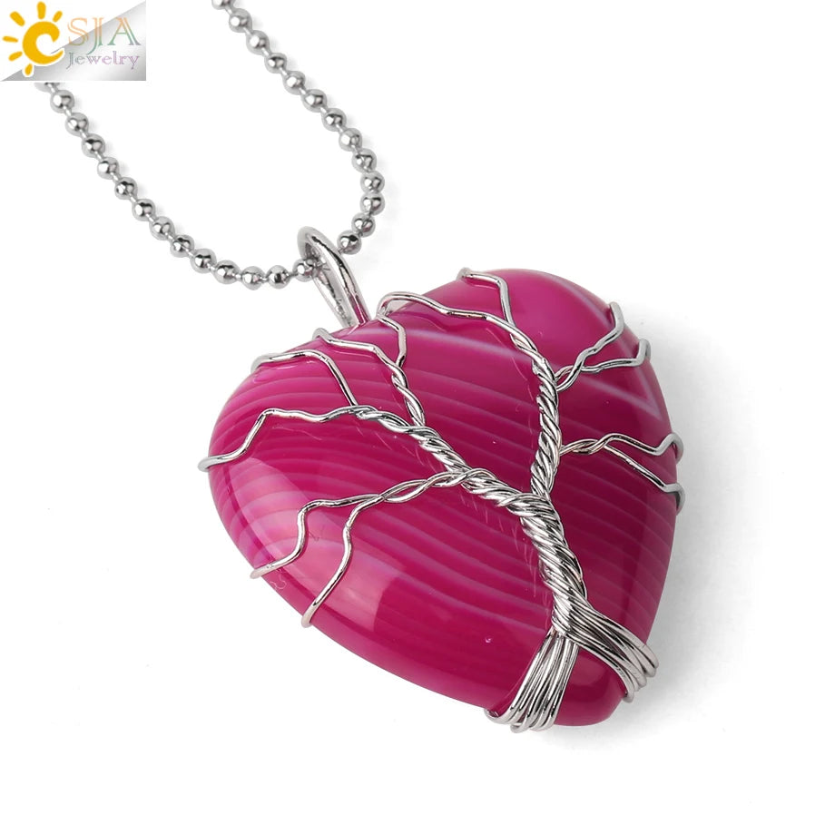 CSJA Tree of Life Wire Wrapped Love Heart Necklace & Pendant Suspension Natural Gem Stone Tiger Eye Pink Quartz Black Onyx F053