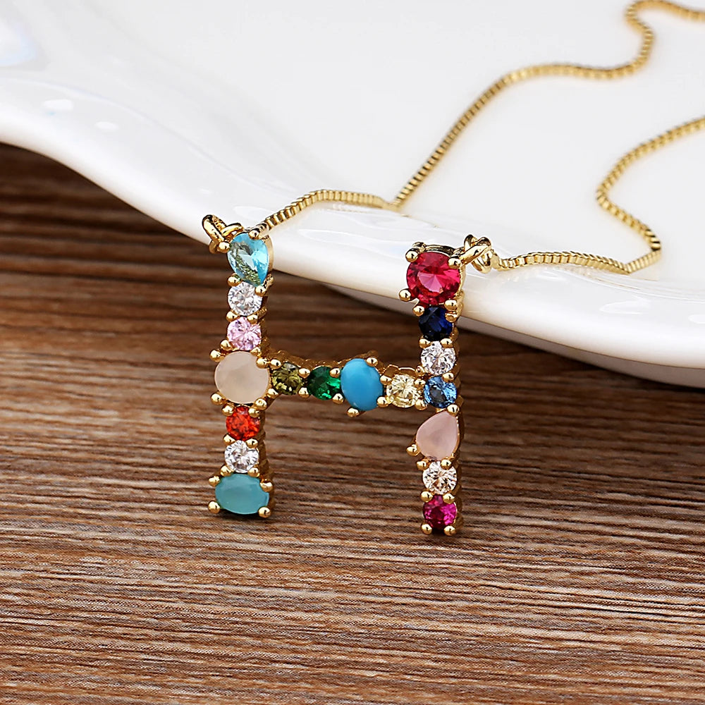 New Arrival Personal Name Letter Necklace Rainbow CZ Initials Alphabet Women Girls Gorgeous Family Jewelry