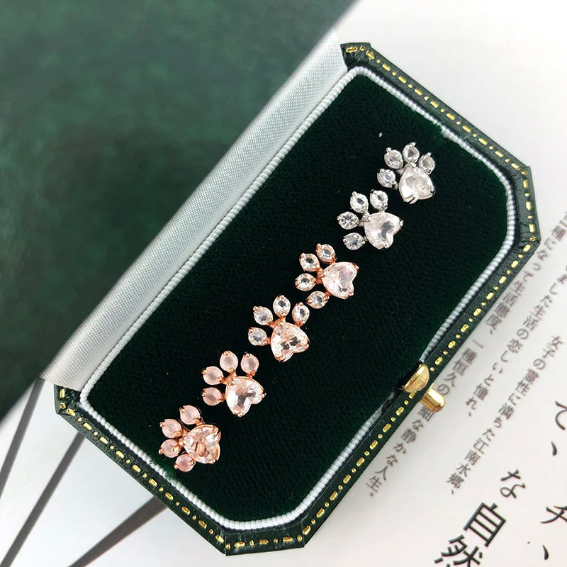 LAMOON Cat Paw 925 Sterling Silver Earrings for Women Rose Quartz Stud Earring Gemstone Stud Earings Fine Jewelry EI040-2