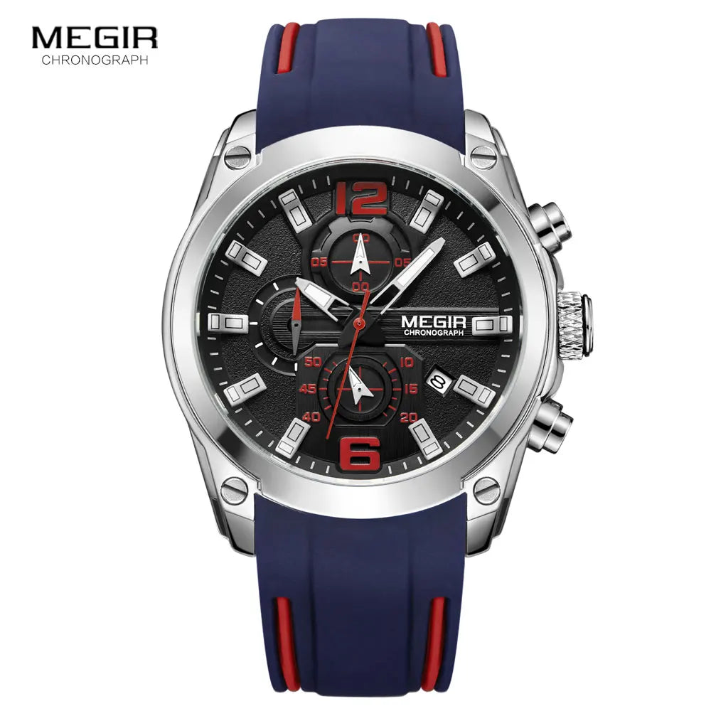 Megir Men's Chronograph Analog Quartz Watch With Date, Luminous Hands, Waterproof Silicone Rubber Strap Wristswatch for Man