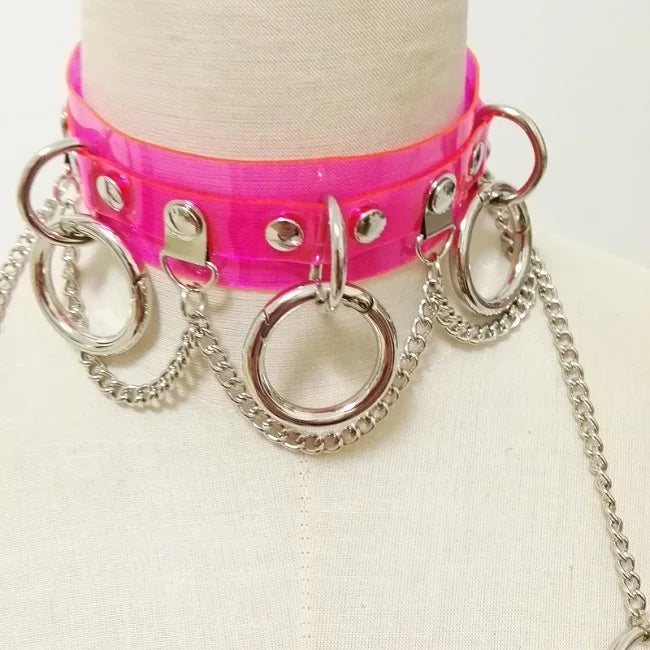 Women Fashion Punk Choker Necklace Handmade Neon Green Neon Pink Three O Chain Necklace Harajuku Collar Belt