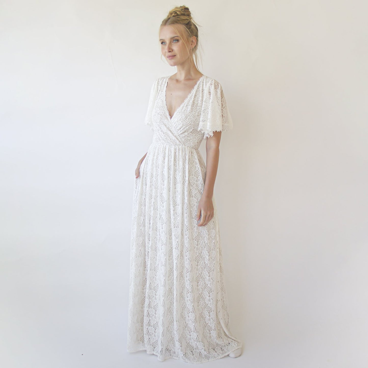 Ivory Pearl Lace Bohemian Wedding Dress With Pockets #1345