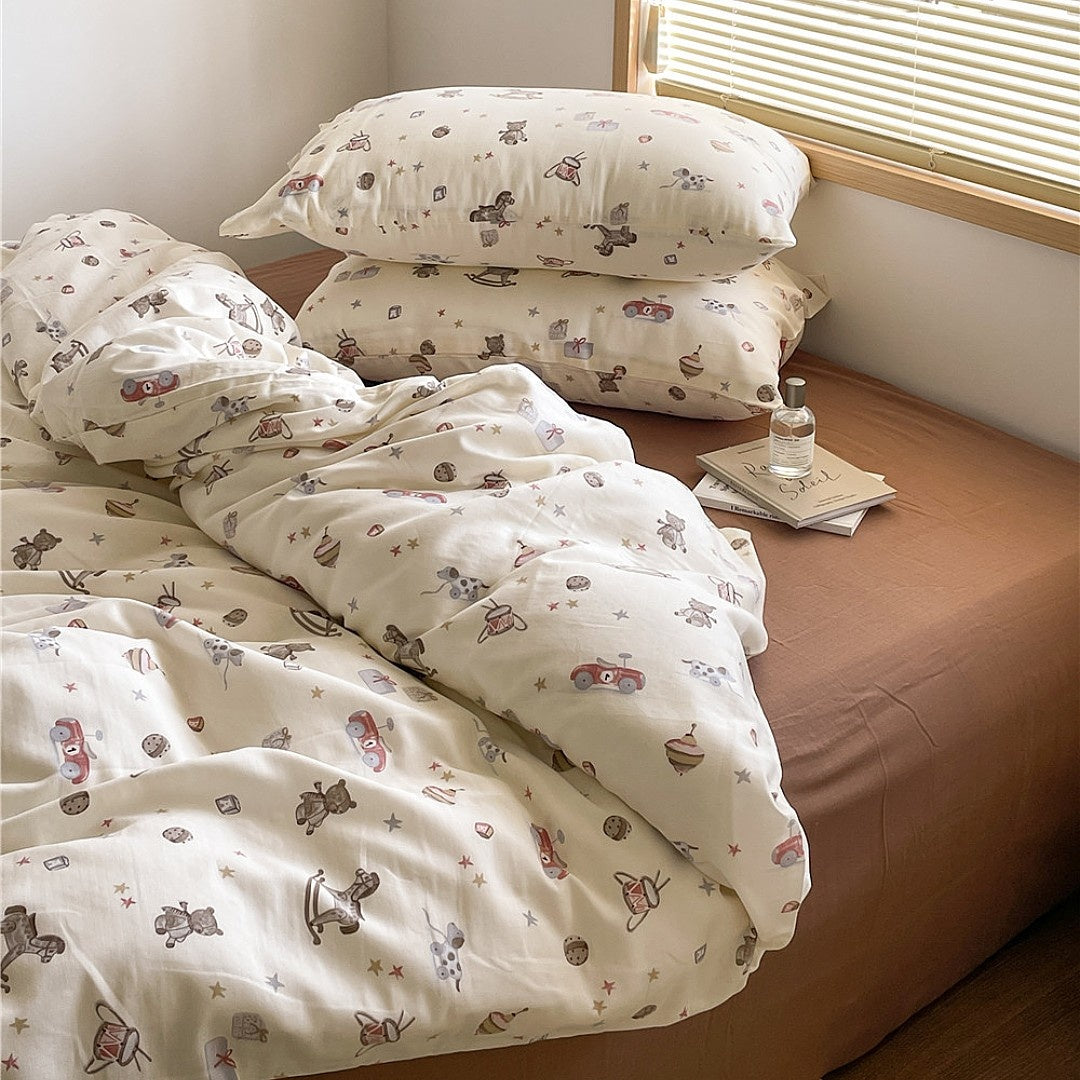 Double Layer Cotton Bedding Set Infant Class Softness Floral Design Duvet Cover Bed Sheet Pillowcases 4 Pieces Bedding Set