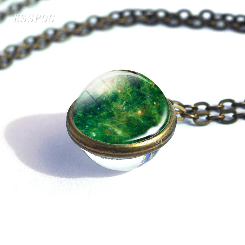 Full Moon Sphere Crystal Ball Glass Necklace Handmade Double Side Glass Ball Pendant Solar System Outer Space Astronomy Jewelry