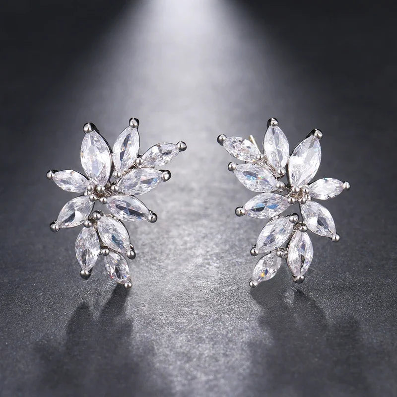 LXOEN Marquise Cut Flower Zirconia Crystal Long Drop Earrings for Women Shiny Leaf CZ Stone Bridal Wedding Jewelry