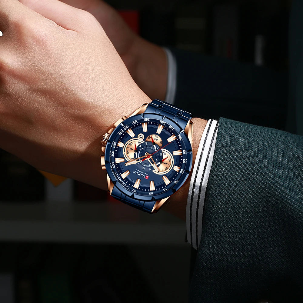 CURREN Luxury Casual Mens Watches Quartz Sports Chronograph Wristwatch Male Stainless Steel Luminous Hands Clock
