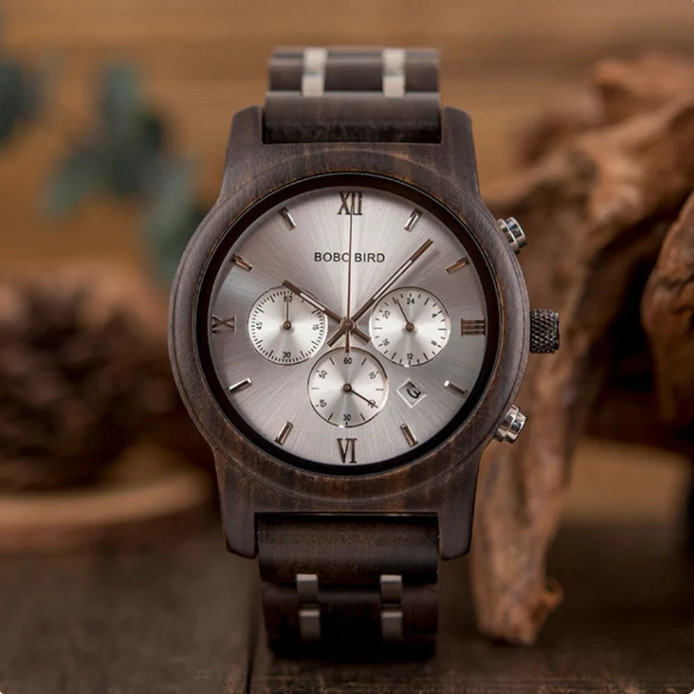 BOBO BIRD Luxury Wood Stainless Steel Men Watch Stylish Wooden Timepieces Chronograph Quartz Watches Relogio Masculino Man
