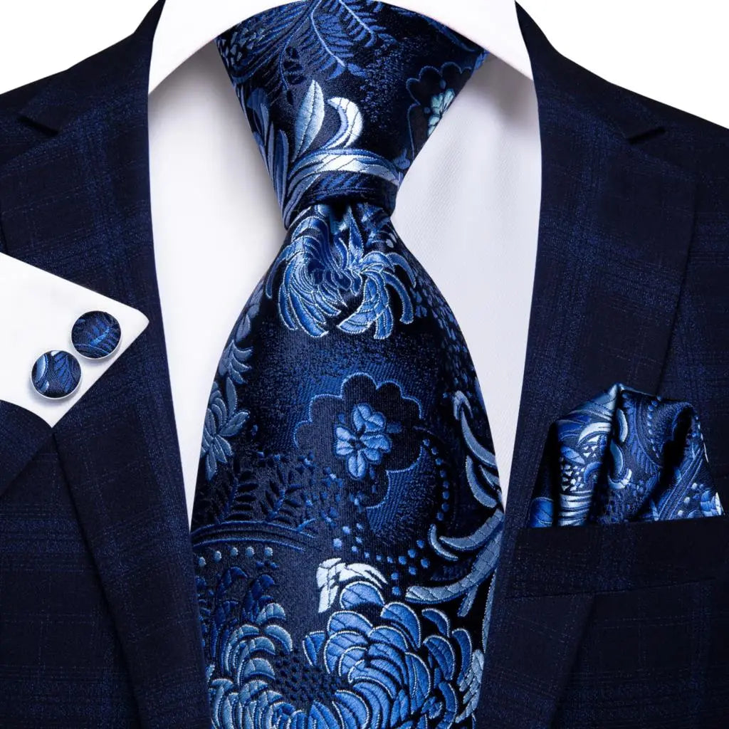 Business Tie for Men Silk Blue Tie Dots Necktie Set Plaid Cufflinks for Wedding Business Tie 150cm Hi-Tie SN-3529