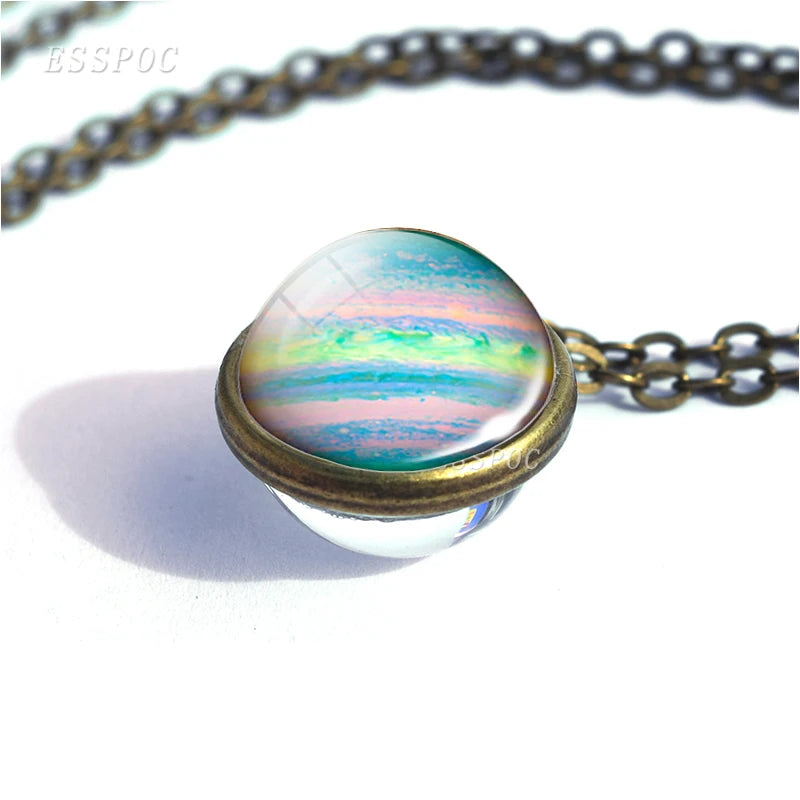 Full Moon Sphere Crystal Ball Glass Necklace Handmade Double Side Glass Ball Pendant Solar System Outer Space Astronomy Jewelry