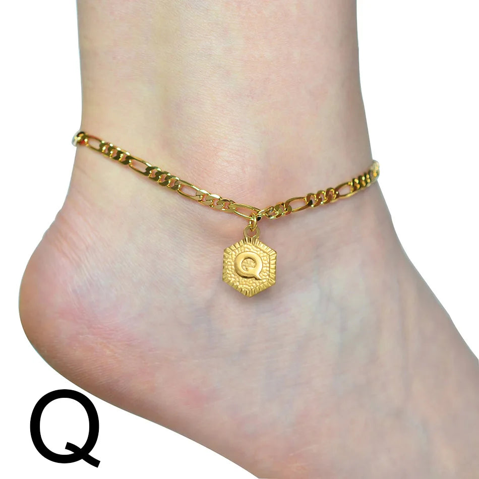 Anniyo 21cm + 10cm Extender Chain / A-Z Initial Letter Anklet for Women Alphabet Jewelry Foot Chain Girl #105906