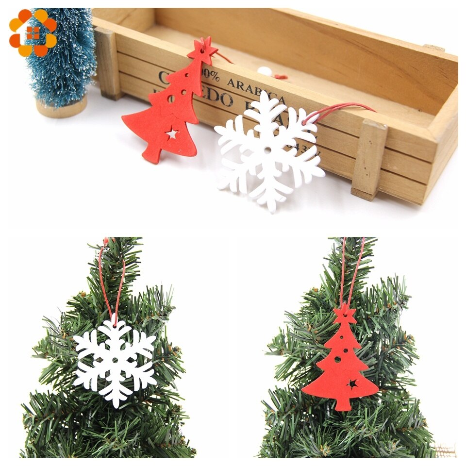 6PCS DIY White&Red Snowflakes Christmas Wooden Pendants Ornaments for Xmas Tree