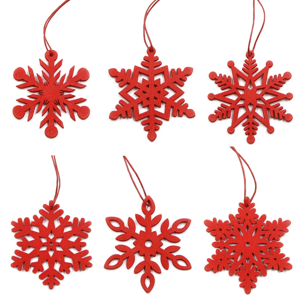 6PCS DIY White&Red Snowflakes Christmas Wooden Pendants Ornaments for Xmas Tree
