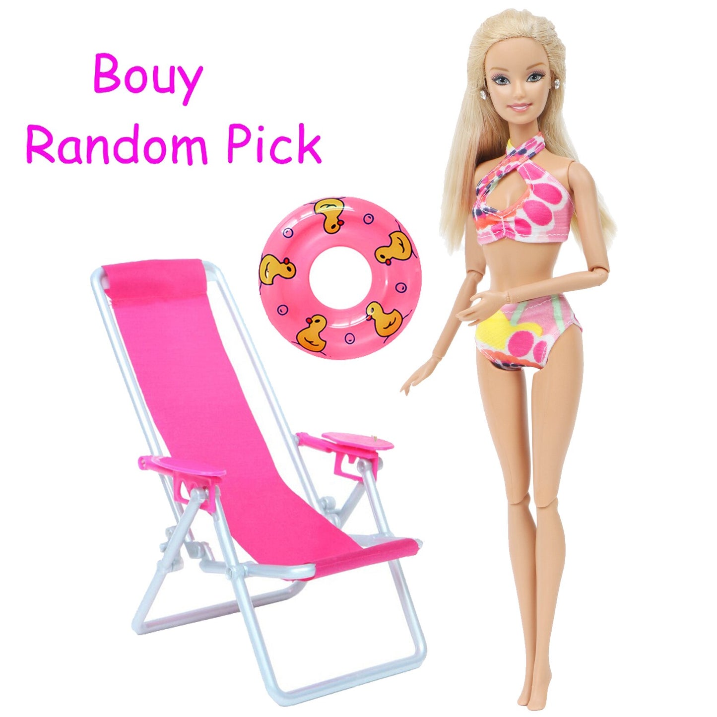 3 Pcs/Lot = 1x Swimsuit Bikini + 1x Random Swimming Buoy Lifebelt Ring +1x Pink Foldable Beach Chair Accessories for Barbie Doll