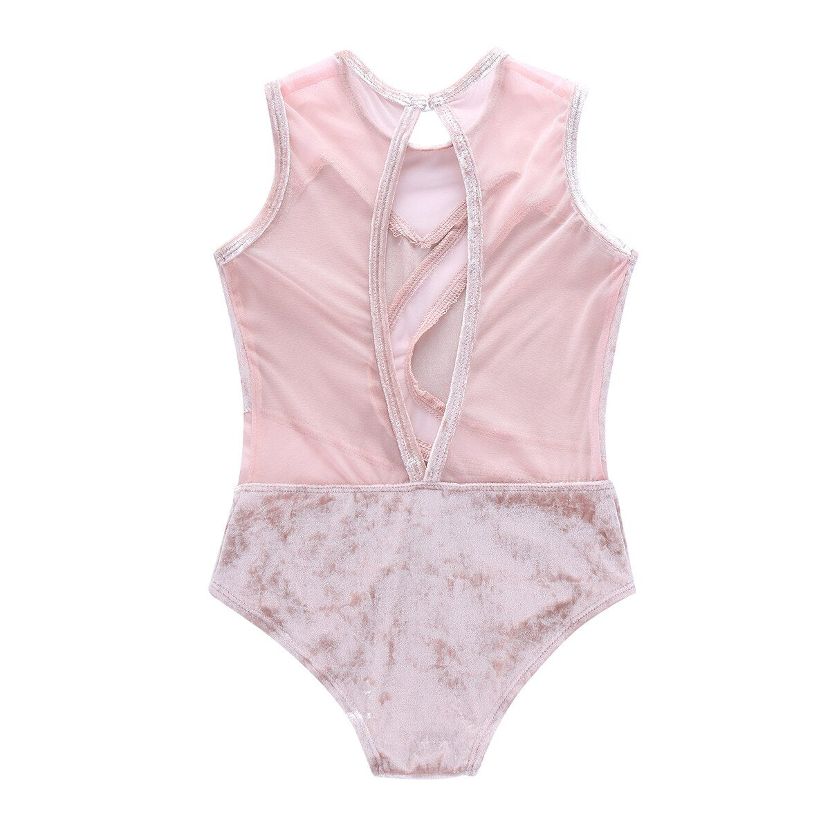 Girls Sleeveless Soft Pleuche Mesh Splice Gymnastics Leotard One-Piece Cutout