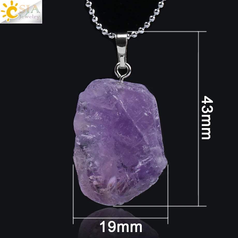 CSJA Natural Stones Gems Clear Crystal Pendants Necklaces Reiki Healing Irregular White Yellow Purple Pink Quartz Pendulum F070