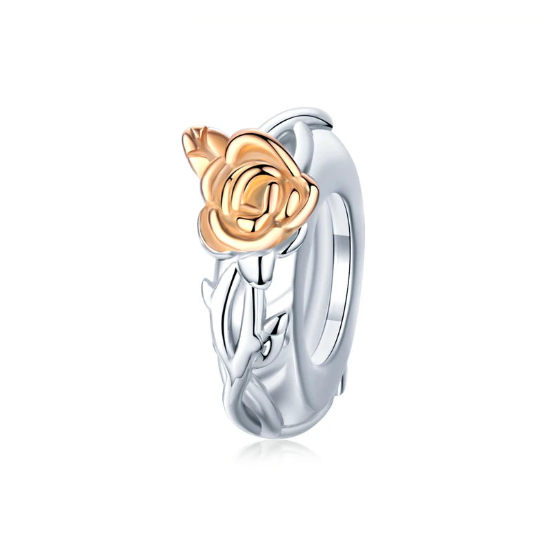 Bamoer 3D Rose Flower Pendant Charm 925 Sterling Silver Rose Gold Color Charms for Bracelet or Necklace DIY Sunflower Charms