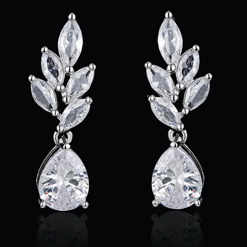 LXOEN Marquise Cut Flower Zirconia Crystal Long Drop Earrings for Women Shiny Leaf CZ Stone Bridal Wedding Jewelry