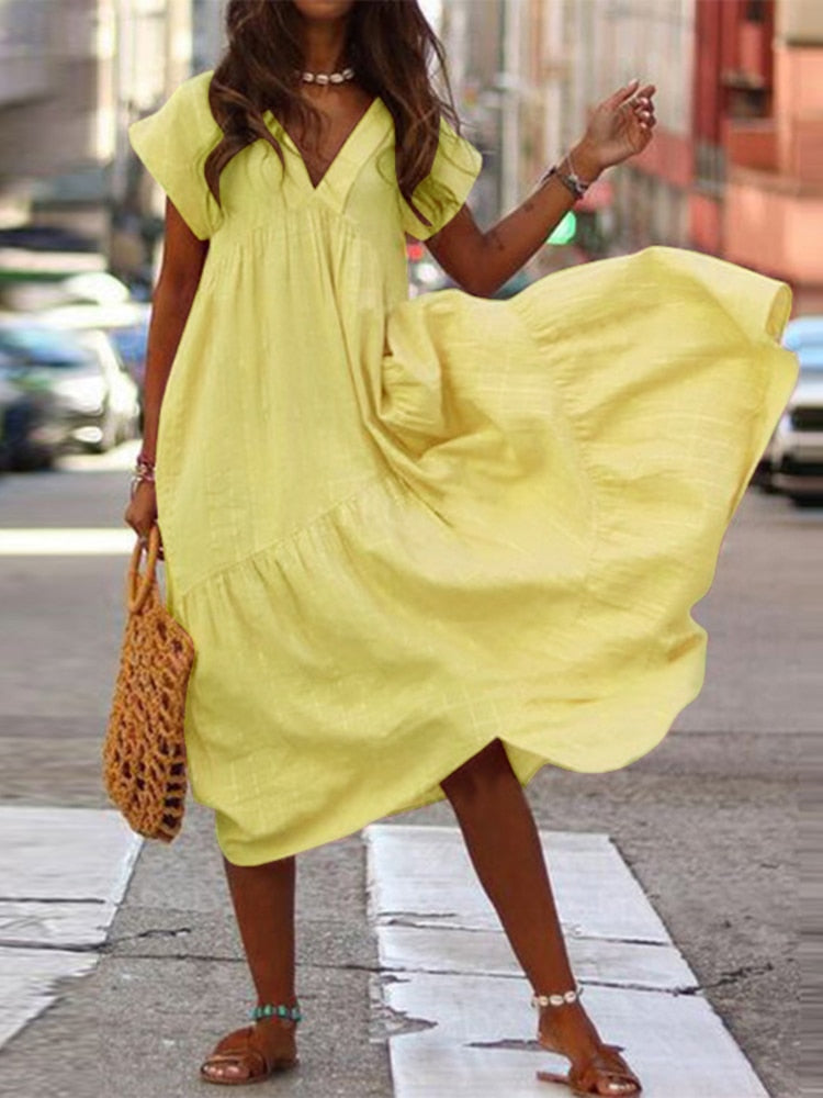 Bohemian Summer Womens Sundress ZANZEA Fashion v Neck Midi Vestidos Female Solid Ruffle Dresses Asymmetrical Robe